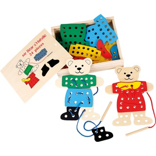 small foot Fädelspiel Anziehbären, Geschicklichkeitsspiel für Kinder, aus Holz, inkl. Holzbox, ab 3 Jahren, 7891, Mehrfarbig