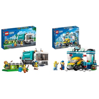 LEGO 60386 City Müllabfuhr, Müllwagen Spielzeug mit Mülltonnen & 60362 City Autowaschanlage, Set mit Spielzeugauto für Kinder ab 6 Jahren