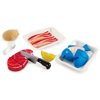 Hape Fisch & Fleisch Set von Hape| Fantasiespiel aus Holz Lebensmittel-Set für Kinder, Kochset mit Zutaten und Zubehör mit Klettverschluss