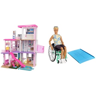 Barbie GRG93 - Traumvilla, Puppenhaus, ab 3 Jahren & GWX93 - Ken Puppe mit Rollstuhl und Rampe, bekleidet mit einem Batik-Shirt, schwarzen Shorts, weißen Sneakern&Sonnenbrille, von 3 bis 8 Jahren