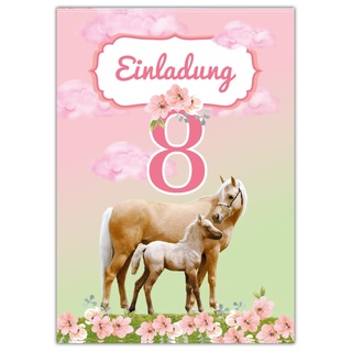 Junapack 12 Einladungskarten zum 8. Kindergeburtstag achte Geburtstag Mädchen Pferd mit Fohlen