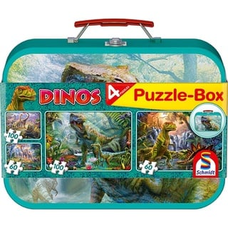 Schmidt Spiele Puzzle Puzzlekoffer Puzzlebox Dinos 4 Puzzle verschiedene Teileanzahl, 4 Puzzleteile