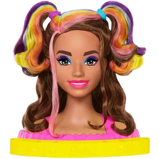 Barbie HMD80 Puppe Deluxe Styling-Kopf, Totally Hair, wellige braune Neon-Regenbogen-Haare, Puppenkopf für Haar-Styling, Color Reveal-Zubehörteile, ab 3 Jahren