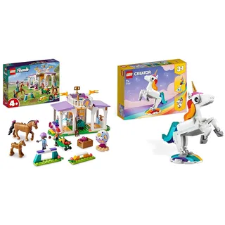 LEGO 41746 Friends Reitschule Set mit 2 Spielzeug-Pferden & 31140 Creator 3in1 Magisches Einhorn Spielzeug, Seepferdchen, Pfau