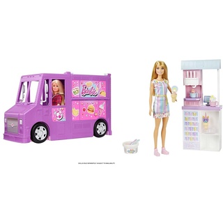 Bundle aus Barbie Food Truck Vehicle Playset mit 30+ Zubehör, + Barbie You Can Be Anything Series, Ice Cream Parlour, 1 x Barbie Puppe mit blonden Haaren, Spielzeug ab 3 Jahren