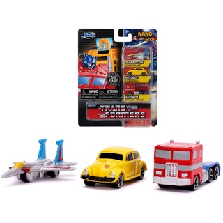 Jada Toys 253111005 Transformers 3er Nano Sammelautos aus Die-cast Optimus Prime, Starscream, G1 Bumblebee VW Beetle, Spielzeugautos, Set, 4 cm, ab 8 Jahren