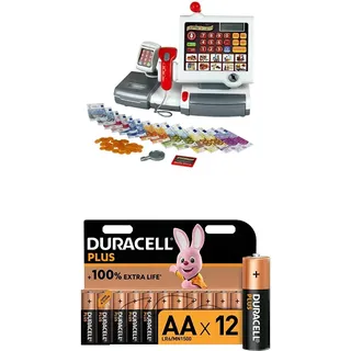 Theo Klein 9356 Kasse I Mit Folientastatur, Rechnerfunktion, Bezahlterminal samt Scanner und Waage mit Licht-und Soundfunktion + Duracell Plus AA Alkaline-Batterien, 12er Pack