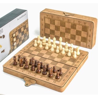 Faltbares magnetisches Schachspiel Pu Leder Schach Dame Backgammon Spiel Holz Schachbrett für Erwachsene Kinder (12 Zoll)