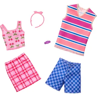 Barbie & Ken Fashions 2-Pack Kleidung & Accessoires Set, 1 Geparden-Print Kleid & Armband für Barbie Puppe & 1 Shirt & Shorts Outfit mit Sonnenbrille für Ken Puppe