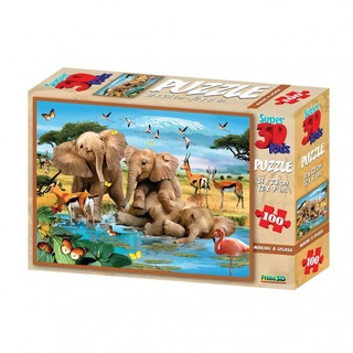 Philos Spiel, 3D Puzzle Kids - 100 Teile - Elefanten nehmen ein Bad - Afrika - Making a Splash