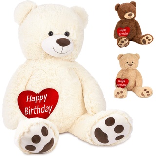 BRUBAKER XXL Teddybär 100 cm Weiß mit einem Happy Birthday Herz Stofftier Plüschtier Kuscheltier