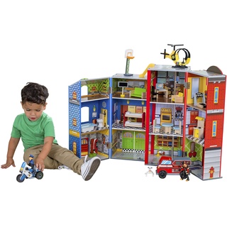 KidKraft Everyday Heroes Feuerwehrstation Spielset aus Holz mit Feuerwehrauto, Polizei Motorrad, Hubschrauber und Feuerwehrmann und Hund, Spielzeug für Kinder ab 3 Jahre, 63239