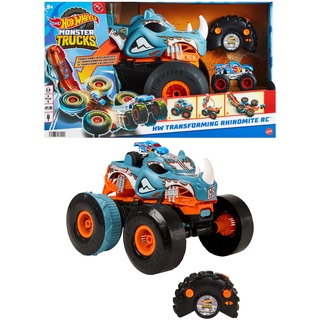 Hot Wheels Monster Trucks Ferngesteuertes Auto, umbaubarer Rhinomite im Maßstab 1:12 mit Race Ace Spielzeugtruck im Maßstab 1:64, lässt Sich in einen Starter umbauen, HPK27