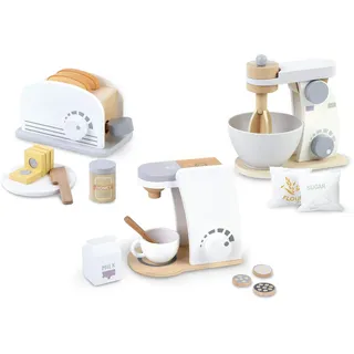 Leomark Holzspielzeugset - 3 in 1 - Mixer, Kaffeemaschine und Toaster für Kinder, Bunt Spielzeug Set, Paslet Farben, Spaß und Bildung