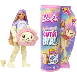 BARBIE Cutie Reveal Puppe - Plüschlöwe mit 10 Überraschungen, bewegliche Barbie-Puppe mit Accessoires, inklusive Mini-Haustier und Fleece-Jacke, für Kinder ab 3 Jahren, HKR06