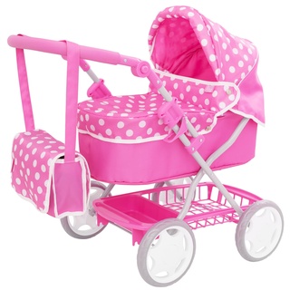 Dolly Tots Junior Puppenwagen | Kinderwagen Spielzeug mit Passender Wechseltasche & Aufklappbarem Verdeck | Pinkfarbenes Punktemuster| Stauraum Unter dem Wagen |Puppenzubehör & Puppenwagen ab 3 Jahre