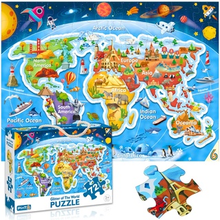 Weltkarte Puzzle für Kinder Alter 3-5 4-8 Jahre alt und hoch,Jumbo 72 Stück Landschaft rund um die Welt Puzzle Fancy Kleinkind Lernen pädagogische Spielzeug Geschenkbox