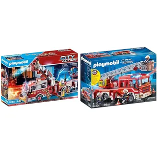 PLAYMOBIL City Action 70935 Feuerwehr-Fahrzeug: US Tower Ladder & City Action 9463 Feuerwehr-Leiterfahrzeug mit Licht und Sound, Ab 5 Jahren