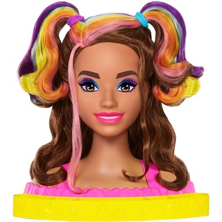 Barbie HMD80 Puppe Deluxe Styling-Kopf, Totally Hair, wellige braune Neon-Regenbogen-Haare, Puppenkopf für Haar-Styling, Color Reveal-Zubehörteile, ab 3 Jahren