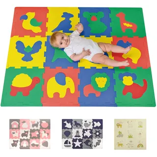 Attraktive Puzzlematte Baby 1,2x0,9m Safari Tiere – 12 Platten à 30x30cm – 20% dickere & weichere Spielmatte – schadstofffreie, geruchlose, Pflegeleichte Baby Krabbelmatte – plastikfreie Verpackung