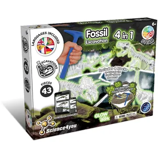 Science4you Dino Ausgrabungsset 4 in 1 - Fossilien Ausgrabungsset für Kinder ab 6+, das im Dunkelheit Leuchtet Dinosaurier Spiel und Dino Geschenk für Junge und Mädchen ab 6 7 8 9+