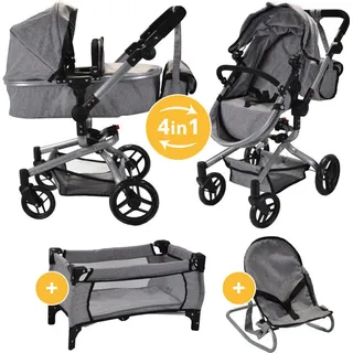 Bandits and Angels Modern Angel 4-in-1 grauer Puppenwagen ab 3 Jahren für Mädchen – Spielzeug-Kinderwagen, Buggy, Puppenbett und Wippe – Roll...