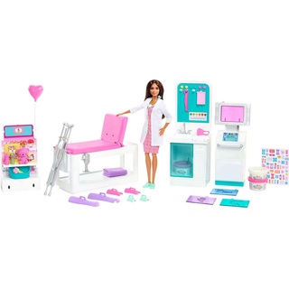 Barbie HFT68 - Gute Besserung Krankenstation Spielset mit brünetter Arztpuppe, 4 Spielbereiche, mehr als 30 Teile, Spielzeug ab 4 Jahren