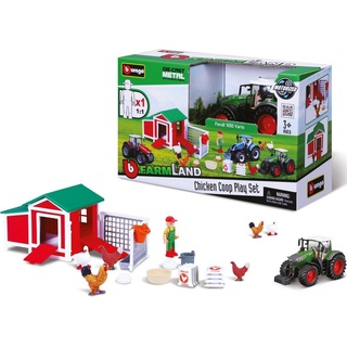 Bburago Spielzeug-Auto Farmland Hühnerstall inkl. Fendt Traktor (17 Teile), mit Rückzugmotor