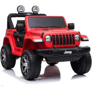 ES-TOYS Kinderfahrzeug - Elektro Auto Jeep Wrangler Rubicon - lizenziert - 4 Motoren + 12V10AH Akku + 2,4Ghz+Ledersitz+Eva+Doppelsitzer -Rot