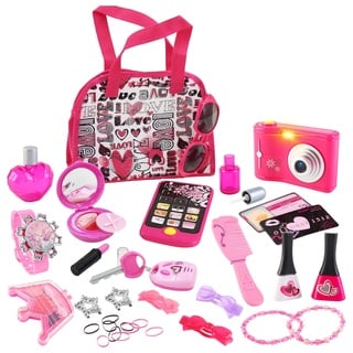 deAO Schminktasche Beauty-Set für Mädchen, 33 Teilige Kinder Schminkset Make Up Spielzeug mit Handtasche, Kamera, Handy, Prinzessinnen-Set für Mädchen