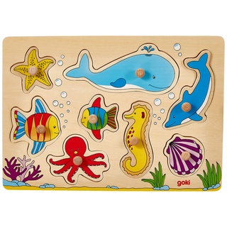 Goki 57953 Tiere Steckpuzzle Meerestiere 8-teilig | Holzpuzzle mit griffigen Meeresbewohner-Teilen & Farbenfroher Unterwasserwelt |, Bunt, Feinmotorik & Erkennungsfähigkeit ab 2 Jahren