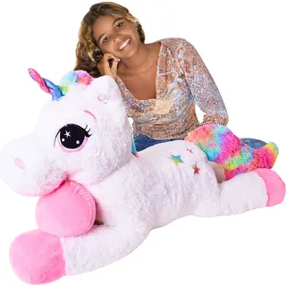 TE-Trend XXL Einhorn Kuscheltier 110cm Weiß mit Regenbogen Schweif und Horn, unser Liebevolles Plüschtier ist der Kuscheltraum für Kinder