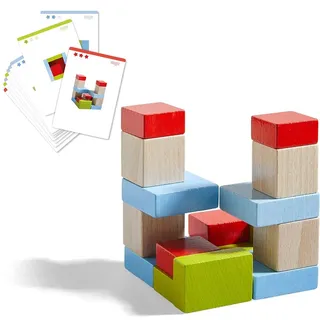 HABA 305455 - 3D - Legespiel Vier mal vier, bunte Holzbausteine zum Legen und Stapeln, 16 Bausteine in 4 Farben, 16 Vorlagekarten zum Nachbauen, Spielzeug ab 3 Jahren