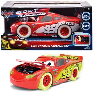 Jada Toys - Glow Racers Auto Lightning McQueen (21 cm) aus Disney Pixars Cars - Spielzeugauto für Kinder ab 8 Jahre, leuchtet im Dunkeln, Modellauto aus Metall, Maßstab 1:24, Rot