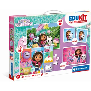 Clementoni Edukit 4 in 1 Gabby's Dollhouse - Spielesammlung für Vorschulkinder ab 3 Jahren - Inkl. 2 Puzzles, Memo-Spiel & Würfelpuzzle, 18319