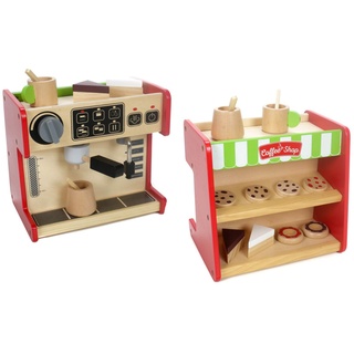 Kaufladen Holz, Kaffeemaschine Kaffeevollautomat mit Drehschalter, Torten, Kuchen, Becher und Kanne mit Rührstab