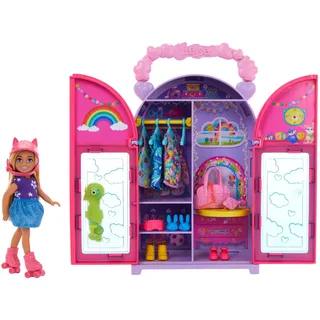 Barbie Chelsea Puppe und Kleiderschrank-Spielset mit Kleidung und Accessoires, 17-teiliges Set, faltbar zum Spielen für unterwegs und zum Verstauen, HXN03