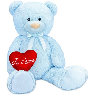 BRUBAKER Kuscheltier XXL Teddybär 100 cm mit Je t'aime Herz (1-St., mit Schleife), großer Teddy Bär, Stofftier Plüschtier blau