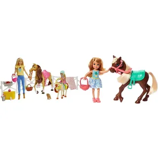 Barbie GLL70 - Reitspaß Spielset mit Barbie (blond), Chelsea, Pferd und Pony & GHV78 - Club Chelsea Spielset mit Puppe und Pferd, ca. 15 cm, blond, mit Mode und Accessoires
