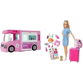 Barbie GHL93-3-in-1 Super Abenteuer-Camper mit Zubehör, Camping Wohnwagen für Puppen, Spielzeug ab 3 Jahren & FWV25 - Reise Puppe mit blonden Haaren inkl. Reisezubehör und Hündchen