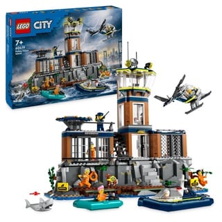 Lego City Polizeistation auf der Gefängnisinsel, Polizei Spielzeug mit Hubschrauber, Boot und Hai, Set mit 7 Minifiguren und Hund, Geschenk zum Geburtstag für Jungen und Mädchen ab 7 Jahren 60419