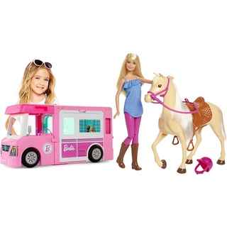 Barbie GHL93 - 3-in-1 Super Abenteuer-Camper FXH13 - Pferd mit Mähne und Puppe mit beweglichen Knien, Puppen Spielzeug und Puppenzubehör, ab 3 Jahren