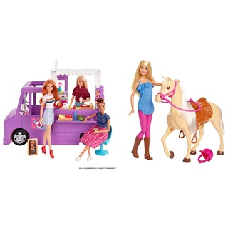 Barbie GMW07 Food Truck Fahrzeug Spielset mit 30+ Zubehörteile, ab 3 Jahren & FXG94 FXH13 Pferd mit Mähne und Puppe mit beweglichen Knien, Puppen Spielzeug und Puppenzubehör ab 3 Jahren