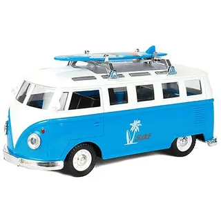 Bus Beach Cruiser mit Surfbrett Licht Sound Rüchzugmotor Modell Modellauto Spielzeugauto Spielzeug Geschenk 86 (Blau)