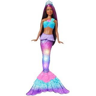 Barbie HDJ37 Brooklyn Zauberlicht Meerjungfrau (30 cm, Braune Haare) Mit Wasseraktivierter Leuchtfunktion Und Pinken Strähnen, Spielzeug Geschenk Für Kinder Ab 3 Jahren