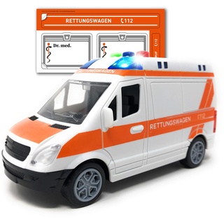Toi-Toys Krankenwagen Spielzeug mit Licht und Sound - Deutscher Rettungswagen mit Sirene und Blaulicht | RTW mit Friktionsantrieb und Aufkleber | Spielzeugauto für Kinder