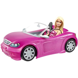 Barbie Puppe und Cabrio in rosa mit Glitzer, realistische Reifen Logo, Spielzeug ab 3 Jahren, DJR55