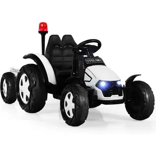 Kinder Elektro Traktor mit abnehmbarem Anhänger & Fernbedienung, Trettraktor mit LED Lichtern, Musik, Hupe & USB, für Kinder ab 3 Jahre (Weiß)