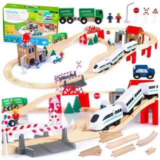 Green Series Spielzeugeisenbahn-Set Holzeisenbahn Set für Kinder - Eisenbahn Holz, Spielzeug Zug beige