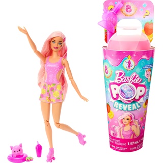 Barbie Pop Reveal Fruit - Überraschungspuppen mit 8 fruchtigen Überraschungen, inklusive beweglicher Puppe mit Erdbeerlimonadenduft und Squishy-Hündchen, ab 3 Jahren, HNW41